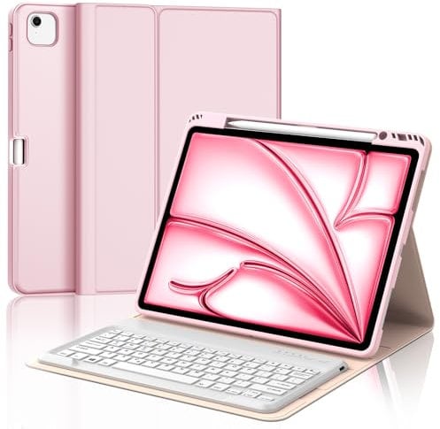 JADEMALL Keyboard Case for iPad Air 13 inch (M3 2025, M2 2024), UK Layout Wireless Detachable Bluetooth Keyboard with Slim Protective Cover and Pencil Holder for iPad Air 13 inch Tablet, Pink
