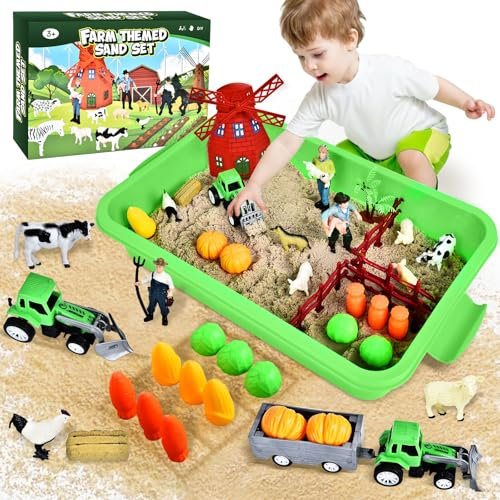 Herenear Sable Magique Ferme Jouets, Sable Jouet Magique, Sable Cinétique Jouet Sensoriel avec Camions et Animaux de Ferme pour Garçon Fille