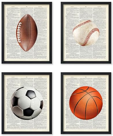 Poster Master 4-teiliges Sport-Poster – Bälle-Druck – Basketball, Fußball, Baseball – Wörterbuch, Sportunterricht – Dekoration für Fitnessstudio oder Büro – 20,3 x 25,4 cm, ungerahmt