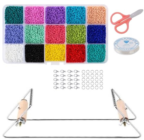 Perlenwebrahmen Satz mit 15 Farben Perlen, Perlen Loom Webrahmen Perlenwebstuhl Kit Strickmaschine für DIY Handgemachte Schmuck Armbänder (Silber)