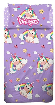 hermet Unicornio, sábana de Cama Individual para niña, Juego de Cama Infantil, Lila, sábana encimera, sábana Bajera, Funda de Almohada, 100% algodón, sábanas para Dormitorio