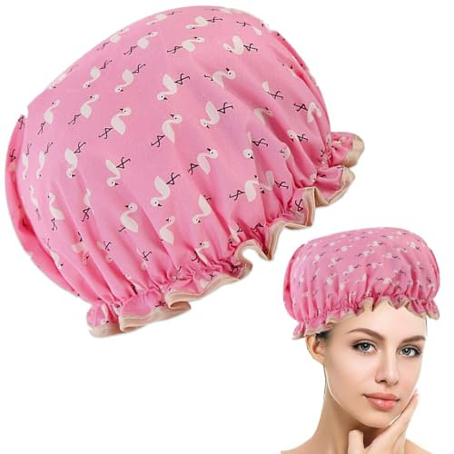 Shower Cap for Women, Double Layer Shower Cap, Plastic Shower Caps Reusable, Bath Caps for Women, Elastic Band Reusable Shower Cap for Long, Short and Curly Hair(Pink Bird)