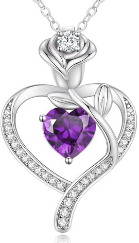 CDE Halskette Damen Rosegold Herz Kette Sterling Silber 925 Geburtsstein Geschenke für Frauen mit Anhänger Schmuck Geburtstag Weihnachten Valentinstag Muttertag Mama (Silber-02-Feb)