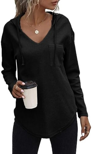 VEUNCOS Damen Pullover Herbst V Ausschnitt Oversize Hoodie Kapuzenpullover Entspannt Sweatshirt Schwarz L