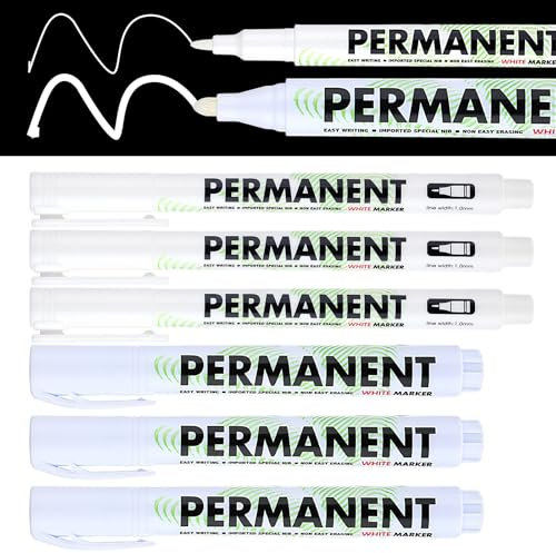 COMNICO Lot de 6 marqueurs de peinture acrylique blanche, pointe fine (1 mm) et pointe moyenne à base d'huile (3 mm) pour peinture sur roche, toile, verre, céramique, pierre, tissu, bois, métal et