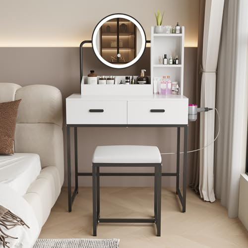 YU YUSING Schminktisch mit Beleuchtung LED Spiegel, Schminktisch mit Stuhl 2 Schubladen 5 Ablagen Haartrocknerhalter, Frisiertisch Kosmetiktisch, Make Up Tisch Dressing Vanity Wohnzimmer Schlafzimmer