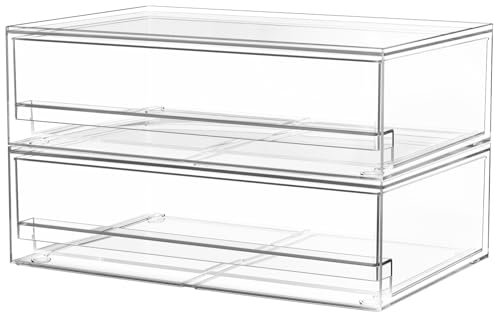 A-Lugei 2 Piezas Ancho Apilables Organizador Cajones, Transparente Cajonera Plastico Organizador Cajones Baño, Caja De Almacenamiento Con Tapa Para Maquillaje Cosméticos Cocina Refrigerador Oficina