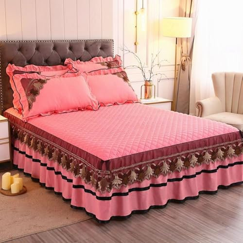Homxi Bettrock Volant,(200 x 220 cm),Spannbetttuch Elastisch Einfarbig mit Spitze Bettbezug mit Rosa