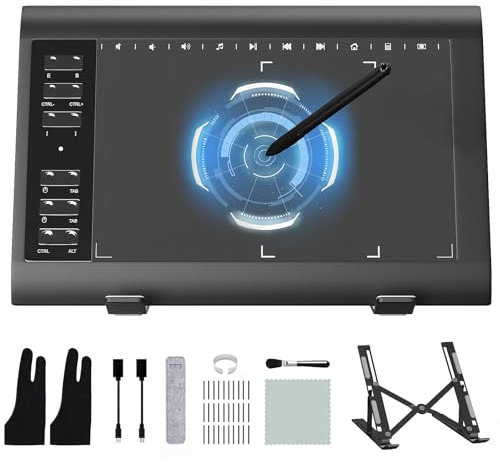 ienRon Grafiktablett, 25,4 x 15,7 cm, digitale Grafiktabletts für PC und Computer/Pad, batteriefreier Stift, 12 Hotkeys, kompatibel mit Windows/Android, inklusive Ständer, gute Geschenke, Schwarz