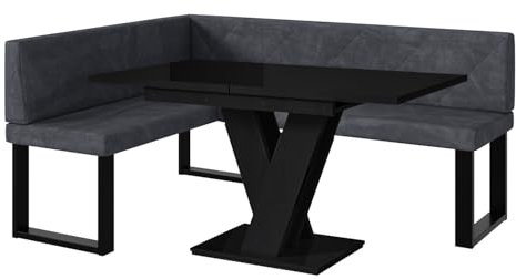 MEBLINI Eckbank für Esszimmer mit ausziehbarem Tisch - Küchenbank - Essecke - Sitzecke Küche - ERIC - U-Beine 128x168x87cm Links - Dunkelgrau Samt/M Schwarz Hochgl.