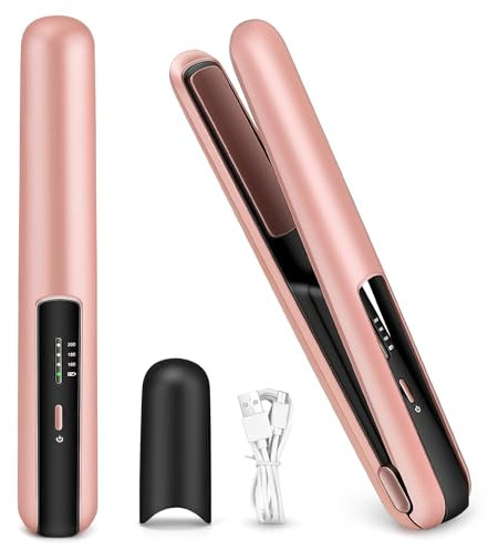 Piastra e arricciacapelli 2 in 1 senza fili, portatile, senza fili, per lisciare e arricciare i capelli, riscaldamento rapido, con ricarica di tipo C, 3 modalità di riscaldamento (rosa)