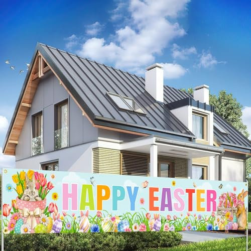 JUNEBRUSHS Ostern Banner Ostern Deko Draußen 300 x 50 CM Osterhase Deko Osterei Banner für Gärten oder Rasenflächen