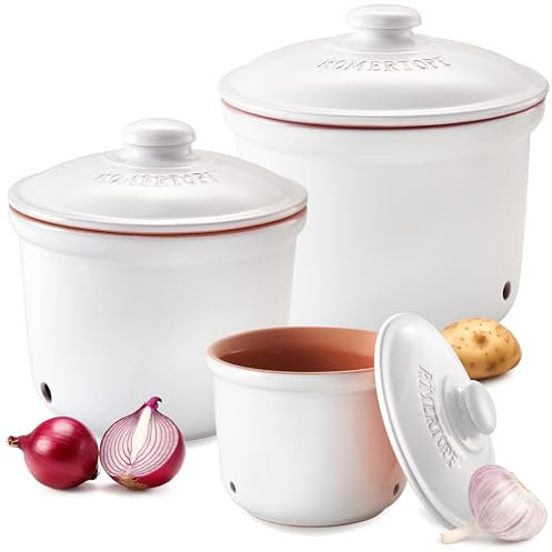 Römertopf Frische-Topf 3er Set - Knoblauch, Zwiebel und Kartoffel Aufbewahrungsbox Keramik - Atmungsaktiver Ton hält Gemüse länger frisch - Weiß