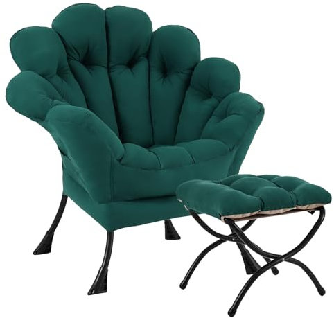 SESHINELL Blütenförmiger Relaxsessel mit Hocker, Loungesessel mit Metallrahmen, Lesesessel für Wohnzimmer, Schlafzimmer, Ankleidezimmer, Dunkelgrün