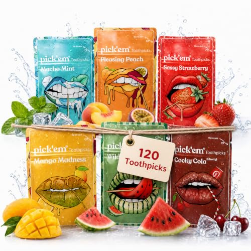 pick'em Zahnstocher mit Geschmack 6-Pack XXL [120x ZAHNSTOCHER MIT GESCHMACK] - Minze, Mango, Cola, Wassermelone, Pfirsich, Erdbeere - Zahnstocher mit Geschmack - aromatisierte Zahnstocher