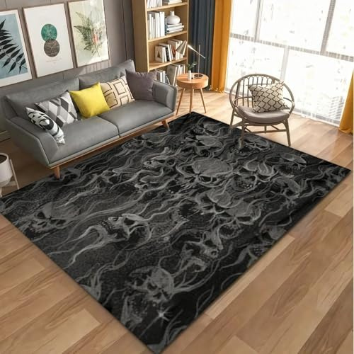 ZLXMN Vintage Schwarz Und Grau RauchschäDel Teppich 120x180cm Gegend Gothic-Heimdekor Gruseliger SchäDelteppich Innenmatten füR Den Vordereingang, Wohnzimmer Mit Bodenmatten Auf GummirüCkseite