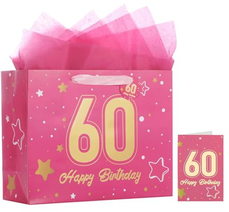 Powbrace 13 Birthday Gift Bag with Tissue Paper & Card(Pink 60th)