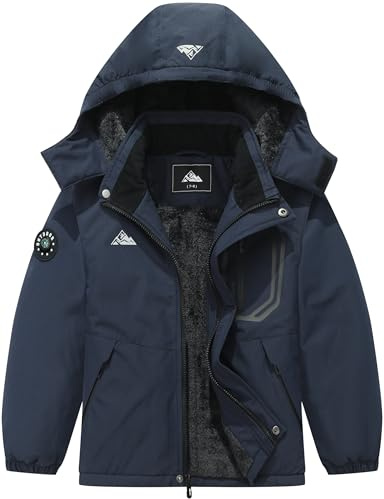 QUCOOM Boy's Winter Ski Jacket Warm Snow Coat Thickened Windproof Hooded Coat Waterproof Outerwear with Zip Pockets