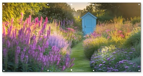 MuchoWow© Gartenposter Outdoor Bilder Gartendeko für draußen Wetterfest | 200x100 cm - Garten Deko Terrasendeko Banner Draußen Bild Dekoration Gartenhäuschen - Blau - Blumen