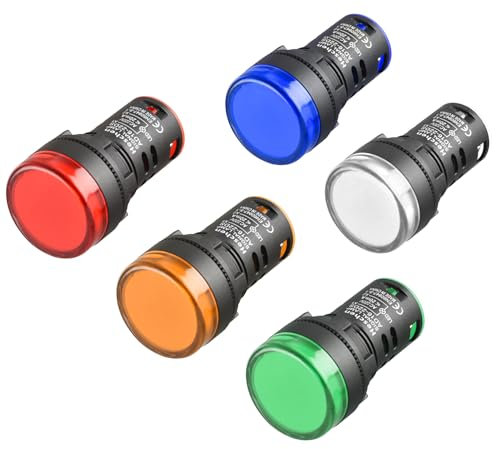Heschen AD16-22D/S26 LED-Kontrollleuchten in rot, grün, gelb, blau und weiß, 22 mm Durchmesser, 220-V-Wechselstrom, 20 mA, 5 Stück