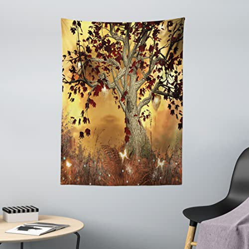 ABAKUHAUS Baum Wandteppich, Baum erdige Farbe Töne aus Weiches Mikrofaser Stoff Waschbar ohne Verblassen Digitaldruck, 110 x 150 cm, Amber Fawn Burgundy