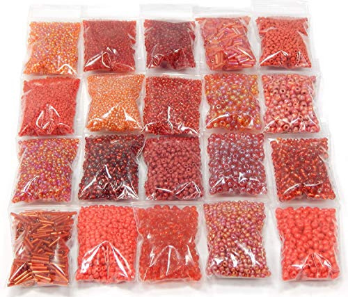 Perlin Rocailles Glasperlen Indianer Saatperlen Pony Perlen Set 2mm 3mm 4mm 6mm Rot Farbtöniges Stiftperlen 400g 20 pack Tube und Rund Perlenset zum auffädeln Miniperlen (Rot)