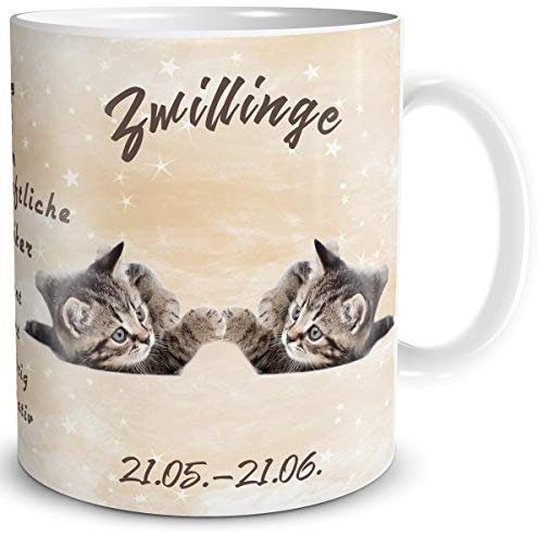 TRIOSK Tasse Katze lustig mit Spruch Sternzeichen Zwillinge Katzenmotiv Geschenk für Katzenliebhaber Geburtstag Frauen Freundin