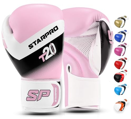 Starpro T20 Gants de Boxe en Cuir Synthétique. Gants de Formation Professionnelle en Muay Thaï, Kickboxing, Fitness et Boxercise, pour Hommes & Femmes. 8 Oz 10 Oz 12 Oz 14 Oz 16 Oz