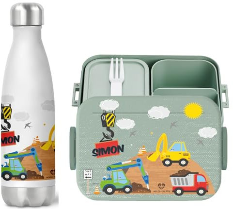 wolga-kreativ Pausenset personalisierte Brotdose und Trinkflasche Thermo Kinder Edelstahl mit Baustelle Motiv Bento Lunchbox mit Fächern und Unterteilung für Schule und Kindergarten