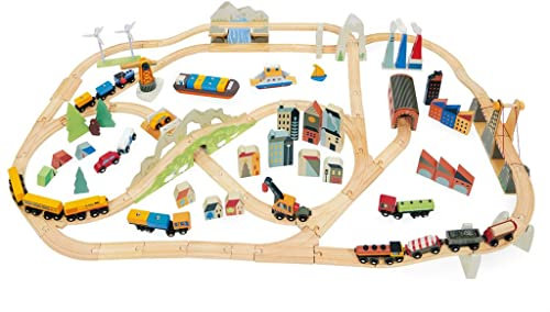 Tender Leaf Toys Mountain View Zug Set - Großes Transportspielset mit viel Zubehör inklusive Stadtfabrik und Versandhafen - fantasievoller Spielspaß für Kinder ab 3 Jahren
