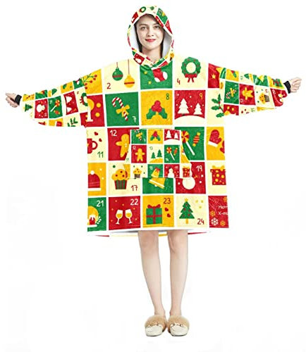 Übergroße Hoodie Decke Sweatshirt, Sherpa Flanell Wearable Blanket Hoodies mit Tasche für Erwachsene Männer Frauen, Weihnachten Adventskalender Plaid Muster