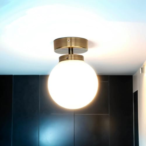 Jugendstil Deckenlampe mit Glaskugel – Badezimmer Deckenleuchte Messing – Metall – Ø15 cm – E14 – Feuchtraum geeignet – Badlampe Decke klassisch