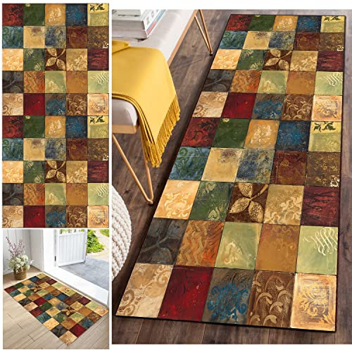 FKYUH Teppich Läufer,80x300CM Flur Teppich Korridor Teppich Küchenläufer rutschfest Teppichläufer für küchenteppich/Schlafzimmer/Flur Waschbar Teppiche,Braunes Plaid