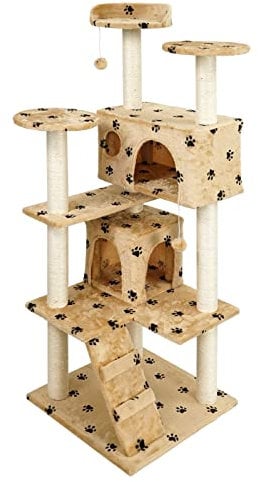 Wiltec Kratzbaum in Beige mit Pfotendesign 130 cm, Katzenkratzbaum mit Aussichtsplattformen, Kletterbaum mit Katzenhäusern, Katzenbaum mit Spielbällen
