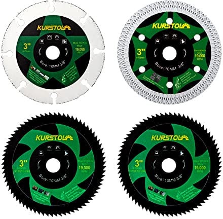 KURSTOL Trennscheibe 75mm 4 Stücke - 1St. Diamant Trennscheibe für Keramik, 1St. Hartmetall Trennscheibe für Holz, 2St. HSS Trennscheiben für Metall, mit 10mm Bohrungsdurchmesser