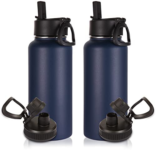 Volhoply 1L Botellas Agua Acero Inoxidable con Tapa de Paja 2 paquetes,Botella de Deporte Aislada con Dos Tapas, Termo de Agua de Metal de Doble Pared con Boca Ancha para Escuela(Azul marino,2 Set)
