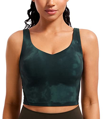 CRZ YOGA Butterluxe Damen V-Ausschnitt Longline Sport-BH - Gepolstert Workout Crop Tank Top mit Eingebautem BH Smaragdgrüne Batikblumen XS