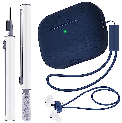 Fhtase Custodia per AirPods Pro 2 2022 con kit di pulizia penna e cinghie anti-smarrimento per AirPods, custodia in silicone morbido AirPod Pro di seconda generazione con cordino (blu notte)