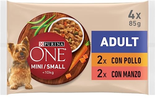 Purina ONE Mini <10kg Comida húmeda para Perro pequeño Adulto con Pollo y Buey, 12 packs de 4 sobres de 85g - 48 sobres