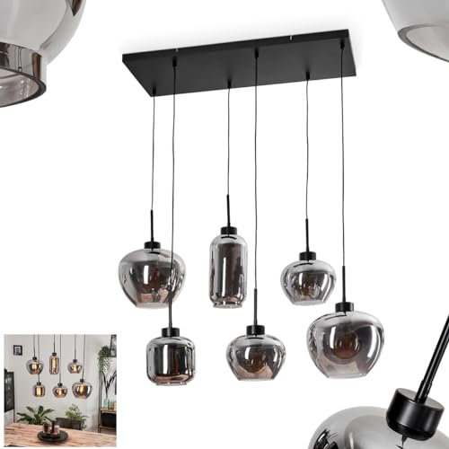 Hängeleuchte Talok, Hängelampe aus Metall/Glas in Schwarz/Rauchfarben, Leuchte im Vintage/Retro Design mit Schirmen aus Glas, 6-flammig, Höhe max. 117 cm, 6 x E27, ohne Leuchtmittel