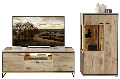 Lomadox Wohnwand TV-Wand inkl. Beleuchtung braun 2-teilig Modern, 1 Highboard, 1 Lowboard