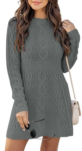 Ebifin Sweater Dresses for Women Elegant Jumper Dresses Knitted Round Neck A-Line Mini Dress Winter Pullover Dresses.Dark Gray.L