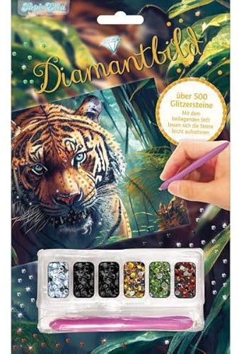 Lutz Mauder Diamant Painting Bild Kinder und Erwachsene, Tiger, TapirElla, DIY Mädchen Junge, großes Motivbild 21x14,5cm, 540 farbige Glitzersteinchen und Haftstift, Basteln, Gestalten