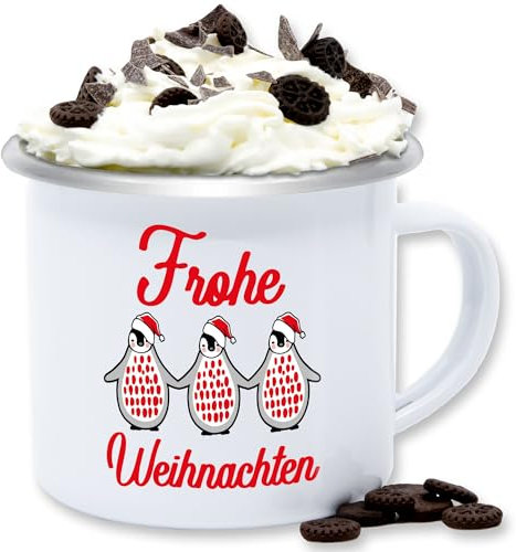 Emaille Tasse Blechtasse - Weihnachtstasse - Frohe Weihnachten mit Pinguinen - rot - 300 ml - Weiß Silber - weihnachtsmotive weihnachtliche swiateczne weihnachtsmotiven weinachs weihnachtlicher