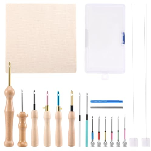 Bzocio 19 PCS Kit Broderie Point Punch Needles Stylo, Ensemble D'aiguilles à Broder Réglable, Ajustables Punch Needle, Aiguilles à Gros Yeux, Tissus de Broderie pour Kit Couture Débutantadulte