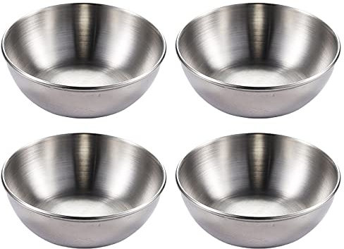 Vehoukli Dipping Bowls, 4 Pcs Small Sauce Dishes, Stainless Steel, Mini Spice Bowl Seasoning Serving Cups for Snacks Sushi Appetizer Fruit(Silver)
