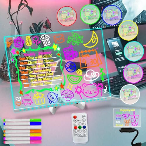 Fanrui Acryl-Tafel mit Fernbedienung, trocken abwischbar, 7 Farben, 39 x 30 cm, intelligentes LED-Notizbrett mit Timmer – beleuchtetes, trocken abwischbares Brett als leuchtendes Zeichenbrett für