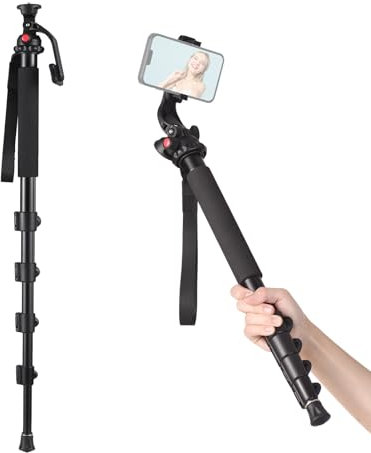 KOCAN Beruf Einbeinstativ, 4-teiliges Einbeinstativ aus Aluminiumlegierung, Kamera-Einbeinstativ mit Telefonclip/1/4-Zoll-Kopf, 42,5–160 cm, verstellbare Länge, maximale Tragfähigkeit 3 kg, kompatibel