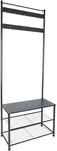 Harbour Housewares Coat Rack with Shoe Storage Bench - Wooden, Steel Frame - Square - Black/Black - 4 in 1 Hall Tree Coat Stand with 9 Hooks with 3-Tier Shoe Rack Shelves Organiser for Hallway