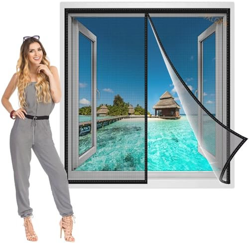 Magnet Fliegengitter Fenster Insektenschutz 45x75 cm, Der Magnetvorhang ist Ideal für die BalkonFenster, KellerFenster und TerrassenFenster, Ohne Bohren, Nicht Kürzbar Schwarz, Verstärkte